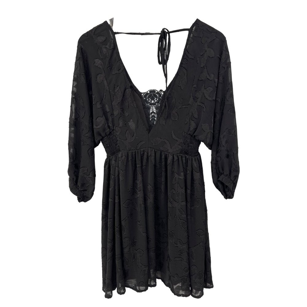Millibon Lace Mini Dress Size Small 3/4 Sleeve V Neck Black Boho Fairygoth NEW